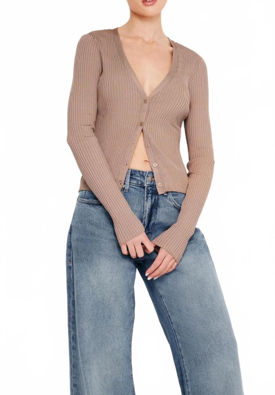 NEW GOOD AMERICAN shine rib v neck cardigan in putty